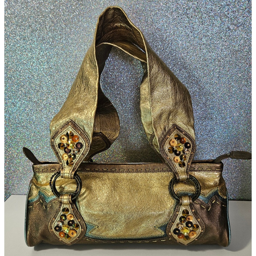 TOCCA Gold Metallic Leather Beaded Sequin Shoulder HandBag Hobo Purse